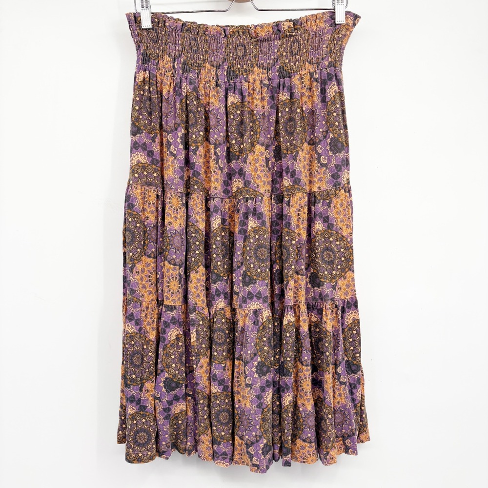 Kate Quinn Womens Purple Orange Mandala Boho Tiered Smocked Bamboo Skirt Size S